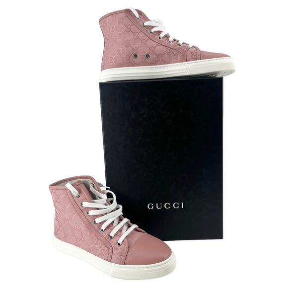GUCCI GG Miro High Top Sneakers Soft Pink Monogram Lace Up Fabric EU 38 US 8 NEW - Picture 3 of 9